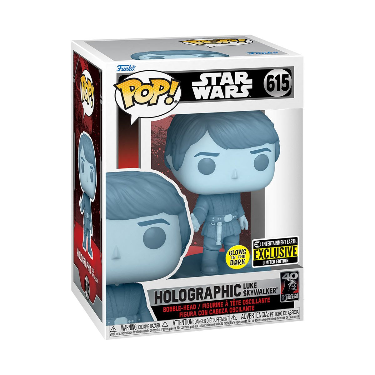 STAR WARS: RETURN OF THE JEDI 40TH HOLOGRAM LUKE GLOW-IN-THE-DARK POP! VINYL FIGURE #615 - ENTERTAINMENT EARTH EXCLUSIVE