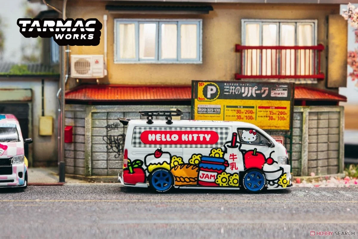 TARMAC WORKS 1/64 TOYOTA HIACE WIDEBODY TARMAC WORKS X HELLO KITTY CAPSULE DELIVERY VAN WITH OIL CAN